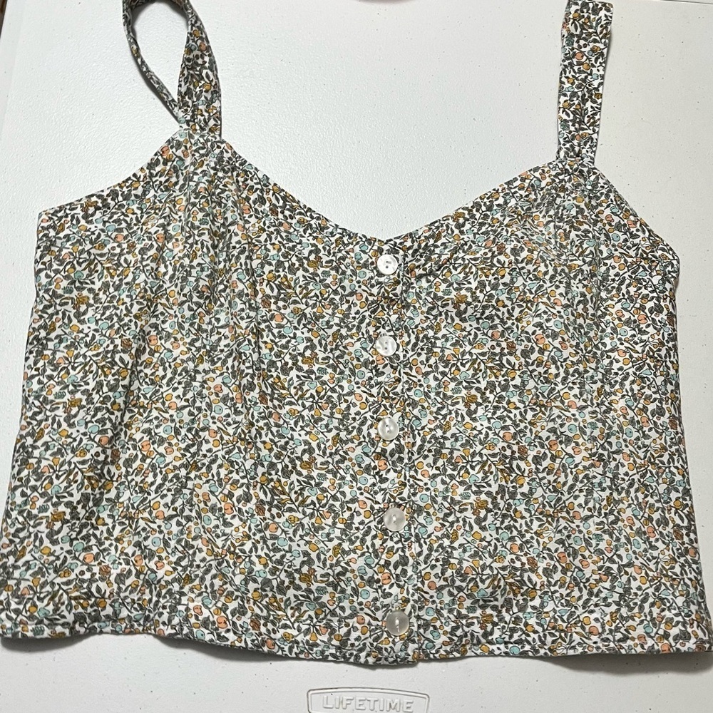 Abercrombie and Fitch Floral Faux Button Cropped Tank Top Blouse XL S1